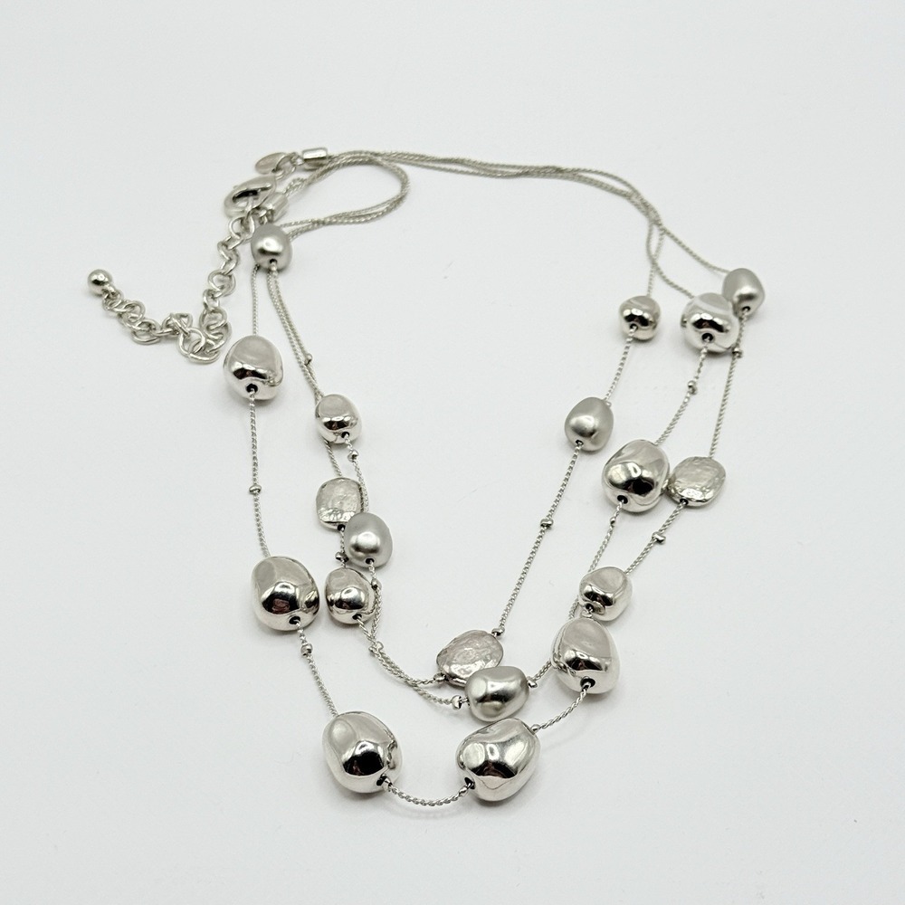 Chico's Matte & Shiny Beaded Silver Tone‎ Multi Strand Chunky Necklace